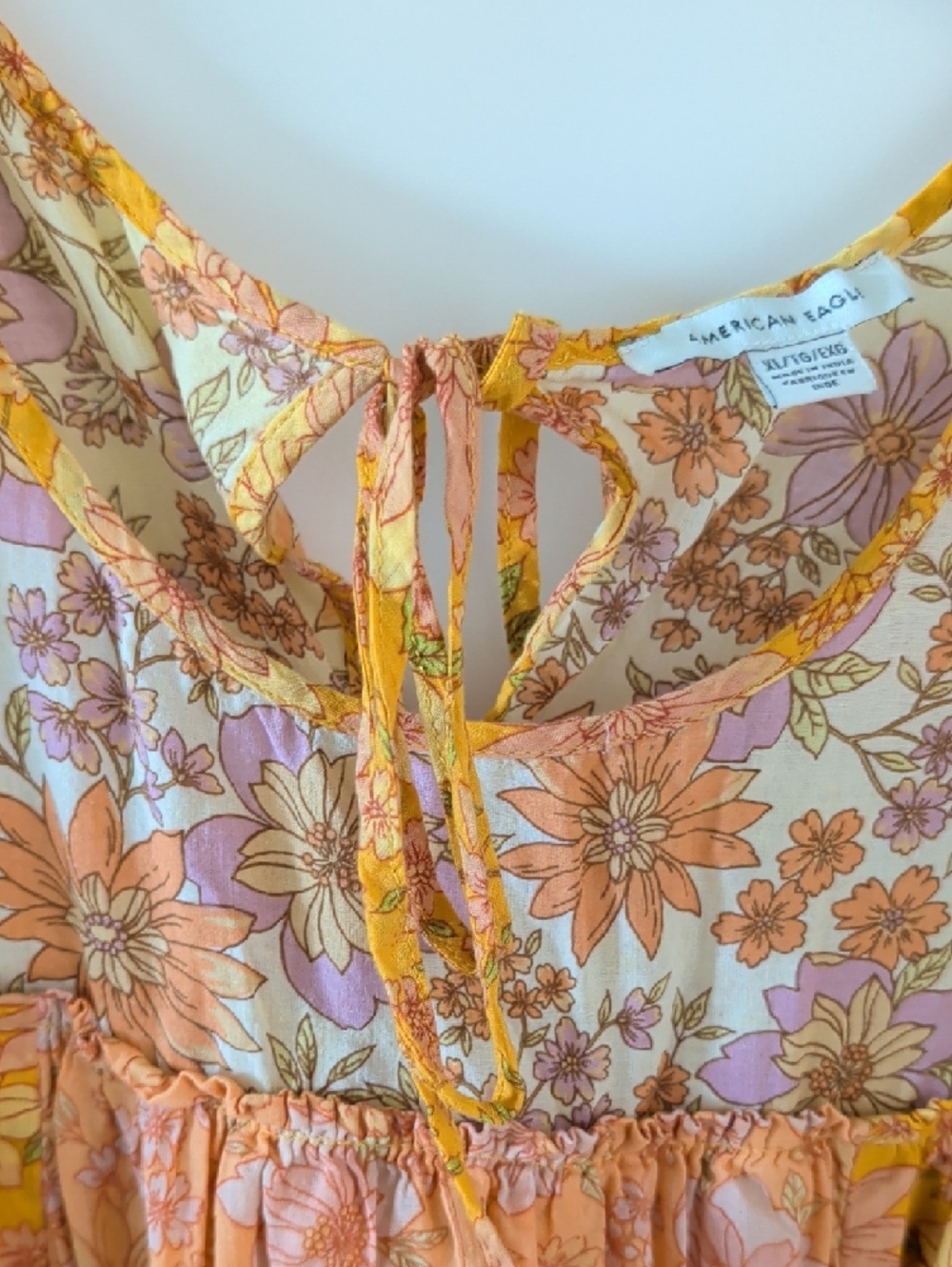 American Eagle Outfitters Pink & Mustard Floral Tiered Peasant Dress - Picture 3 of 9
